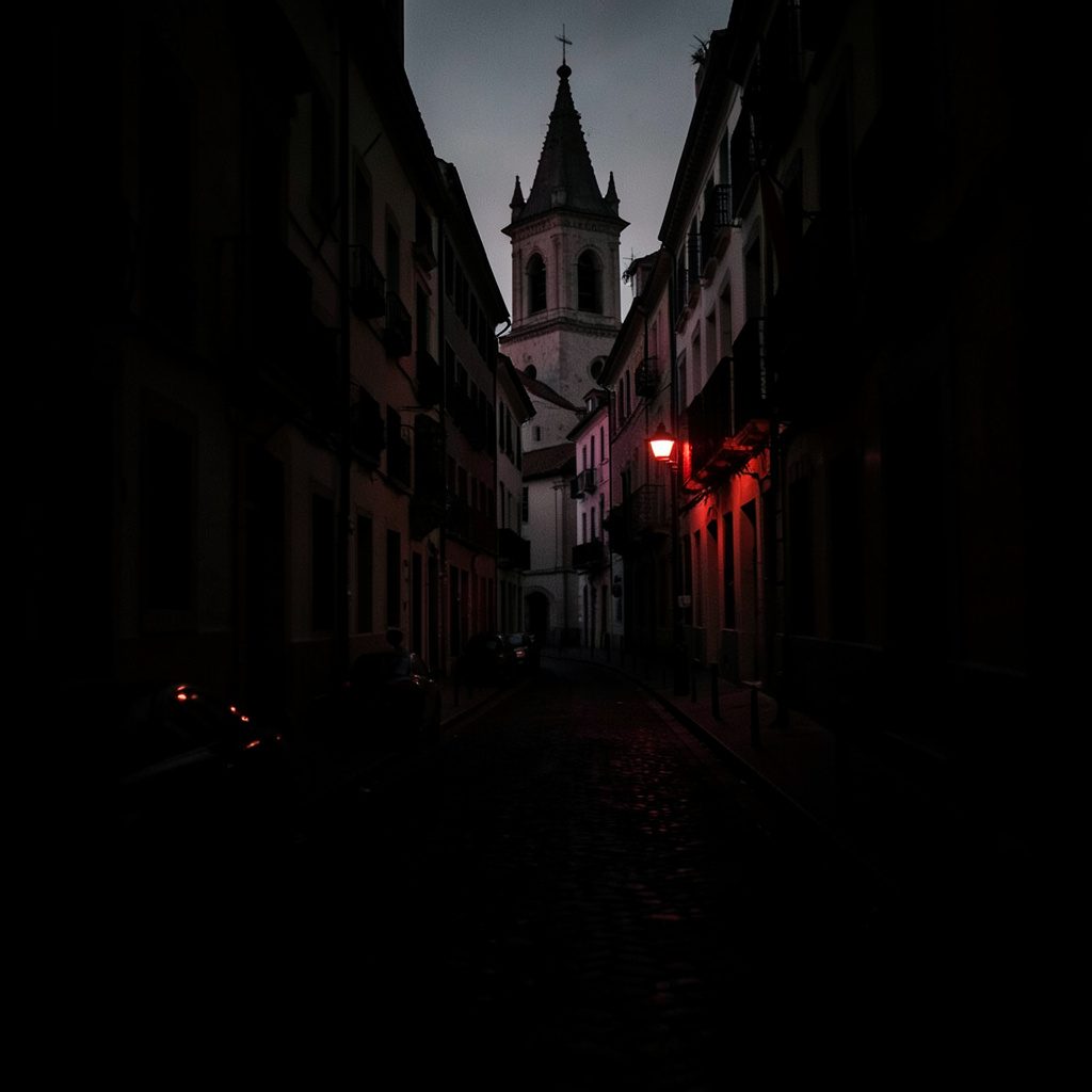 Dark, low-key photograph of a quiet cobblestone street and pale facades in Lisbon at twilight, with deep shadows and soft amber light from old streetlamps.